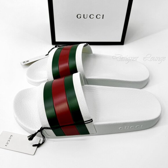 NEW GUCCI Men's WEB Pursuit Pool / Beach White Rubber Slides G 9 / US 9.5 - Picture 11 of 14